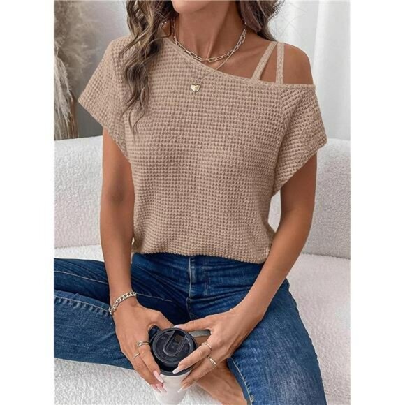 Off Shoulder Waffle Knit Top One Sleeve Casual Lightweight Summer T Shirt - Picture 5 of 6